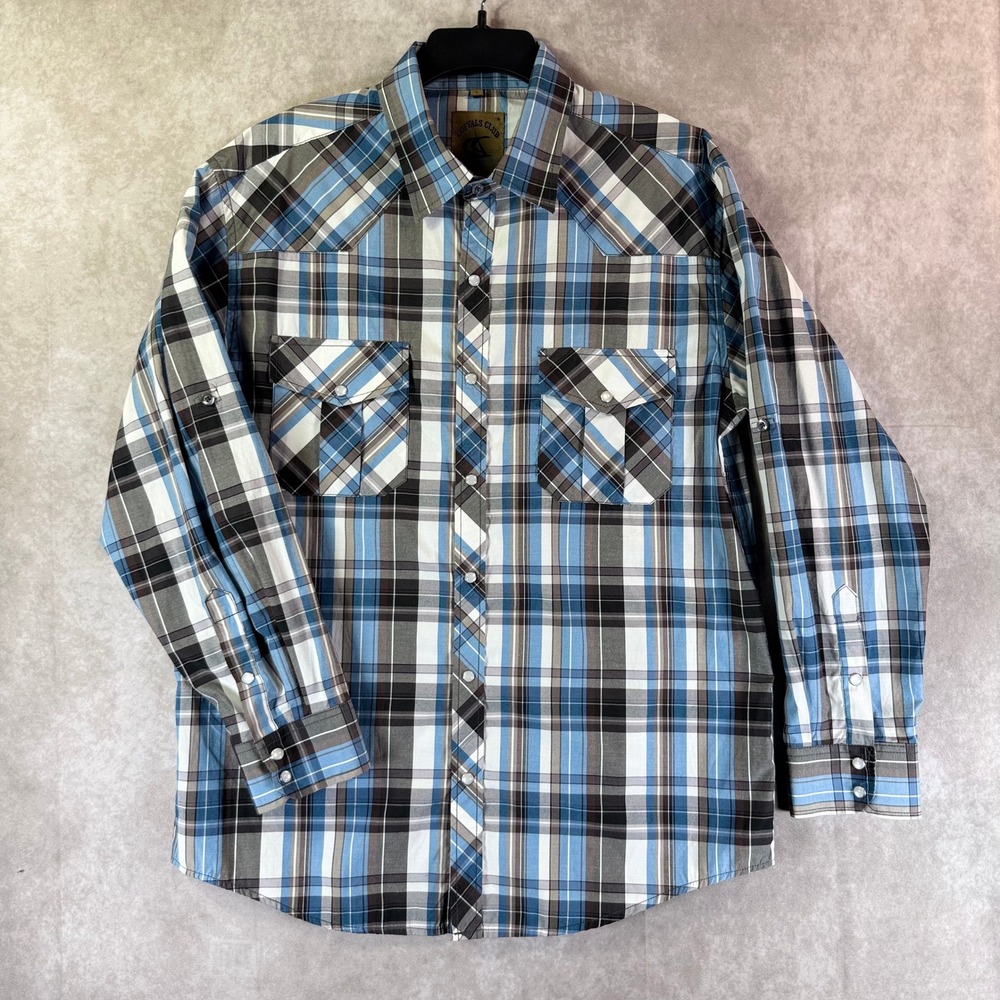 Coevals Club Western Shirt Mens L Blue Brown Plaid Pearl Snap Long Sleeve Yoke